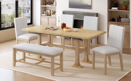TOPMAX Farmhouse 76inch 6-Piece Extendable Dining Table Set Trestle Kitchen Table Set with 18inch Removable Leaf and Upholstered Dining Chair and
